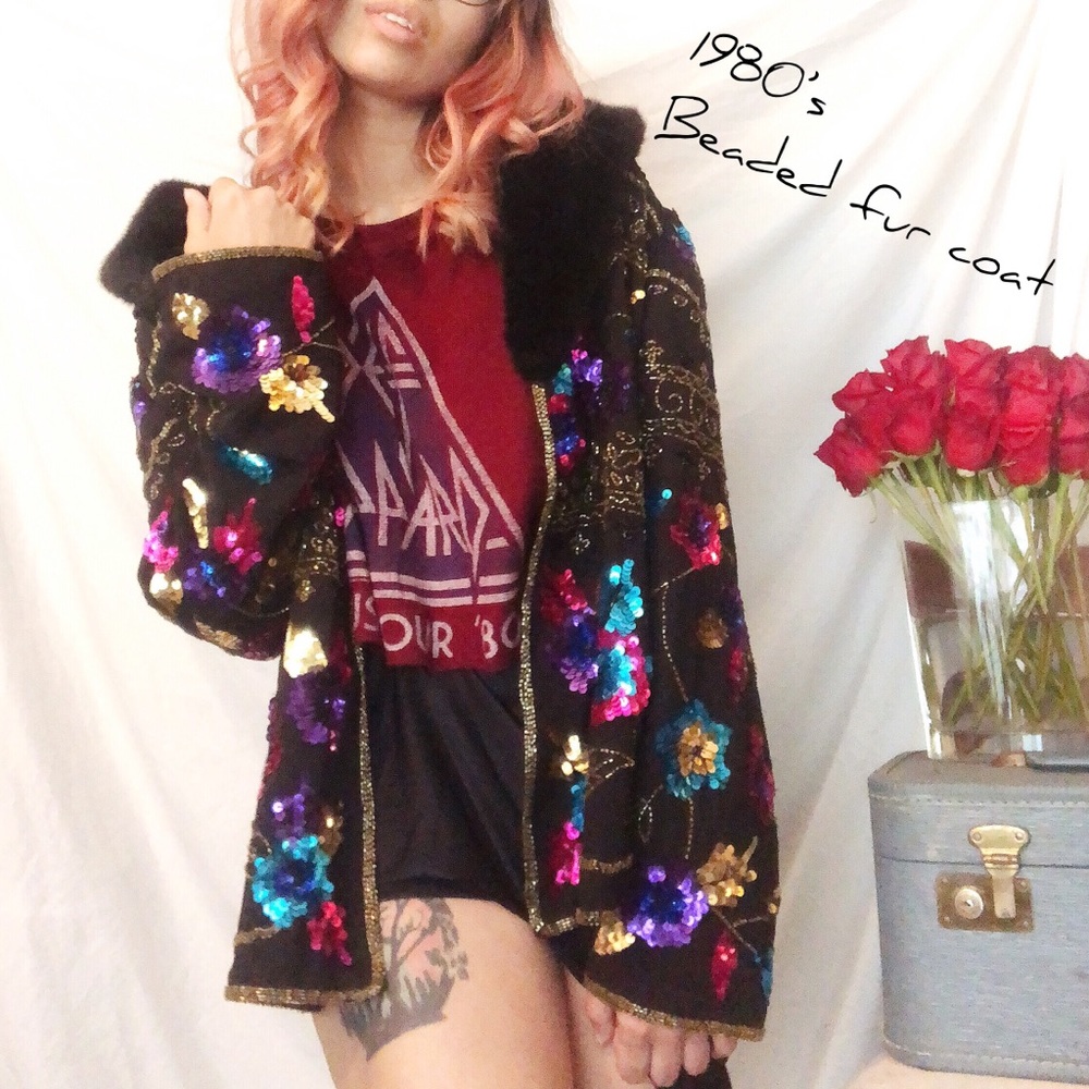 SOLD | Vintage silk beaded fur jacket black retro